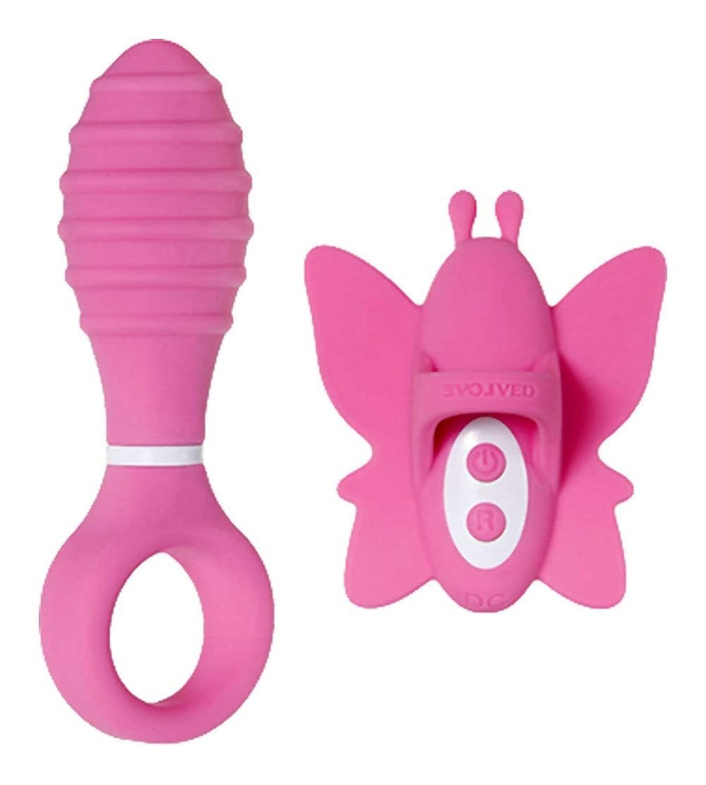 Vibrators Double Date Couples Pink Set Vibrating Clitoral Butterfly Finger Ring & Anal Butt Plug - CM18RM3WCAU $37.81