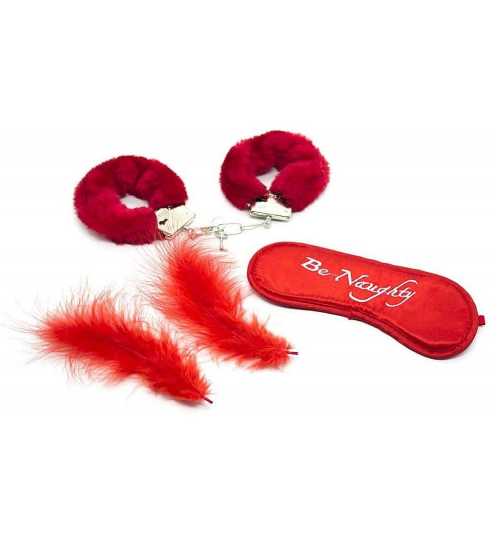 Blindfolds Couples Role Play-Fluffy Handcuffs With Blindfold Feathers Sex Products - Red - CT198OHOT8G $11.25