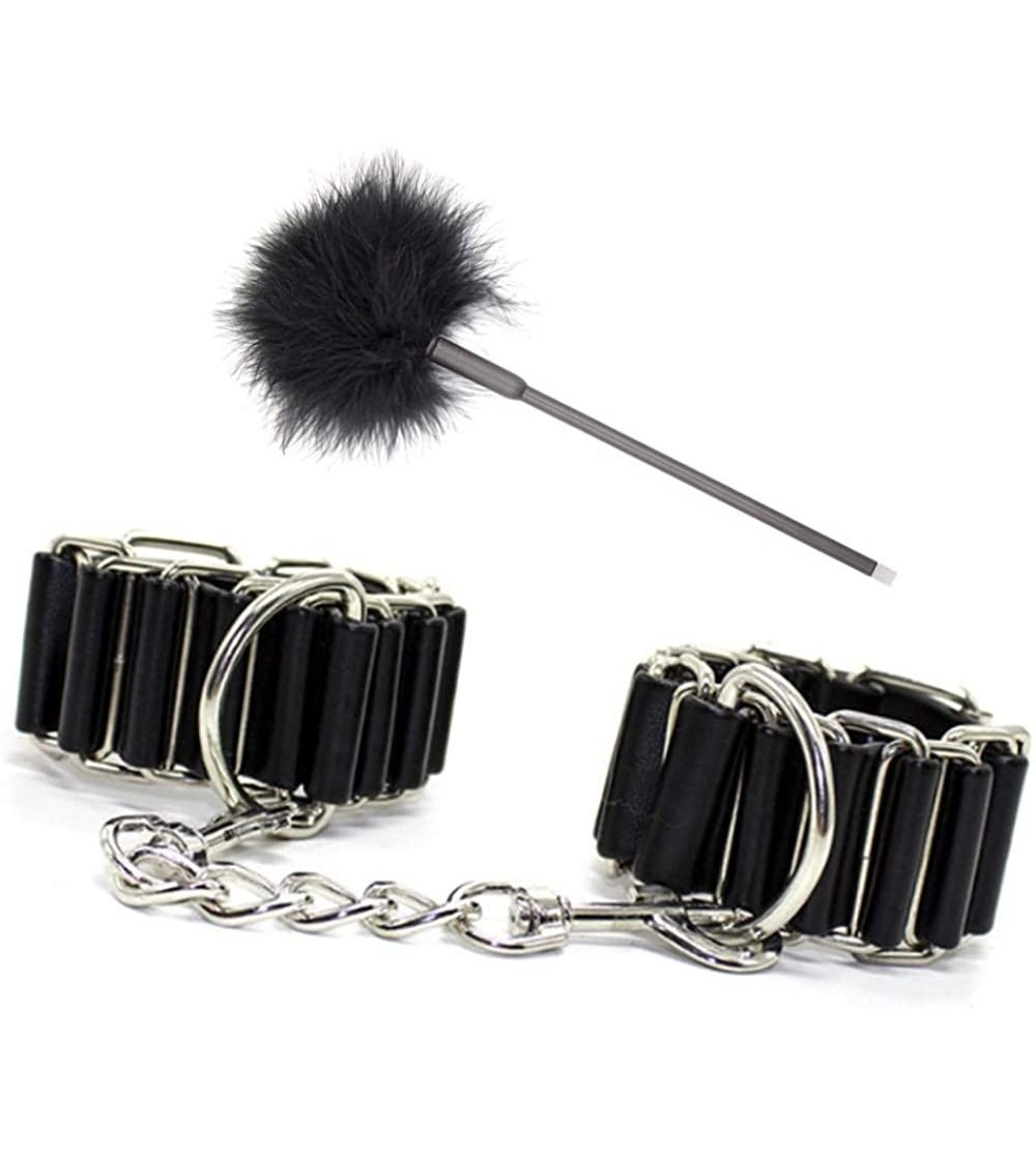 Paddles, Whips & Ticklers Leather Handcuffs with Long Feather Tickler Paddle Cosplay Women - Black3 - CJ1992GU0UC $17.49